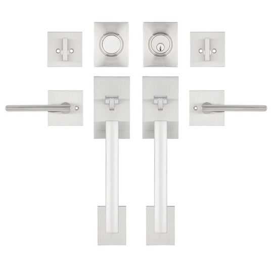 CozyBlock Double Door Handle Sets with Single Cylinder Deadbolt, Rectangular Adjustable Entry Door Lock Sets with Dummy