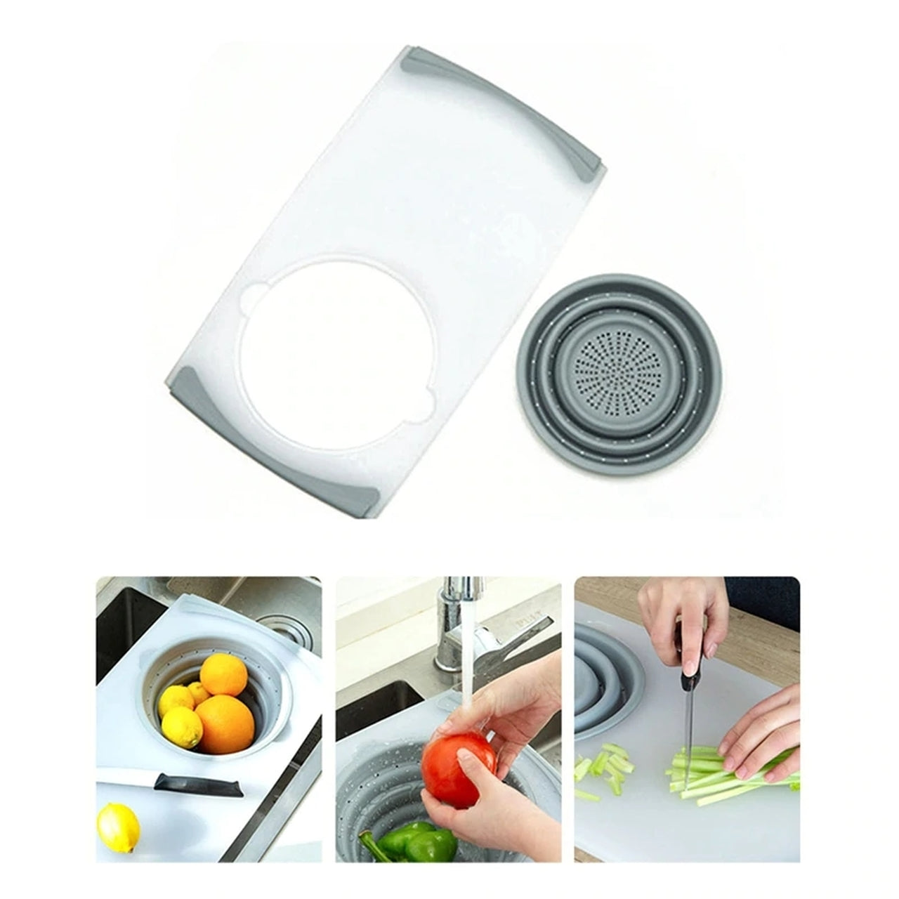 Cutting Board with Colander for Kitchen, 3-in-1 Plastic Chopping Board with Removable Collapsible Colander,for Cut Vegetable, Drain, Food Tray