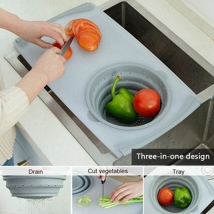 Cutting Board with Colander for Kitchen, 3-in-1 Plastic Chopping Board with Removable Collapsible Colander,for Cut Vegetable, Drain, Food Tray