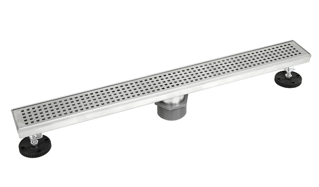 Bathroom Shower Linear Drain Square Checker Pattern Grate Brushed 304 Stainless Steel with Threaded Adaptor and Adjustable Leveling Feet