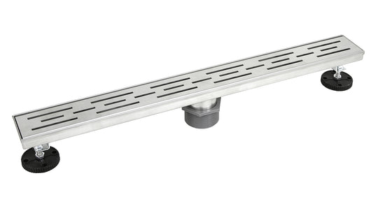 Bathroom Shower Linear Drain Stripe Pattern Grate Brushed 304 Stainless Steel with Threaded Adaptor and Adjustable Leveling Feet