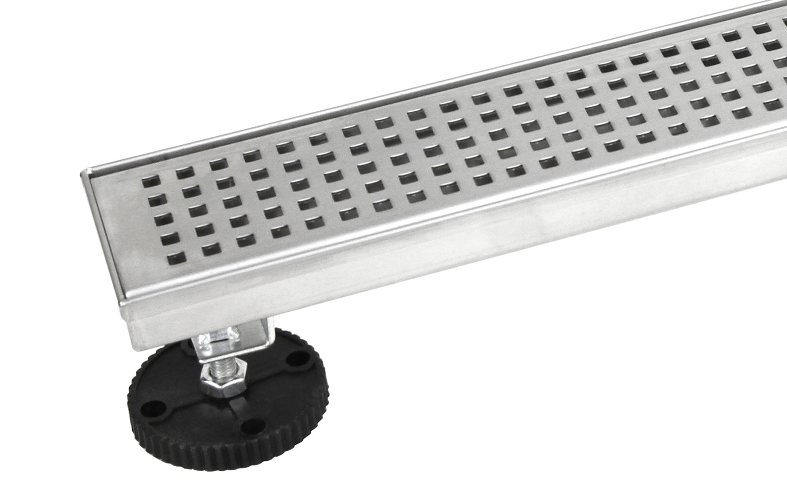 Bathroom Shower Linear Drain Square Checker Pattern Grate Brushed 304 Stainless Steel with Threaded Adaptor and Adjustable Leveling Feet