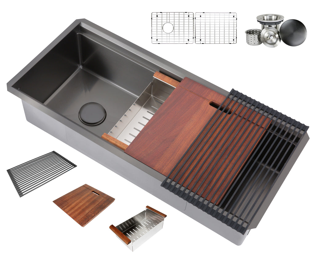 Workstation Undermount 16 Gauge Nano Black Stainless Steel Single Bowl Kitchen Sink w/ Integrated Ledge, 15mm Tight Radius with Premium Accessories