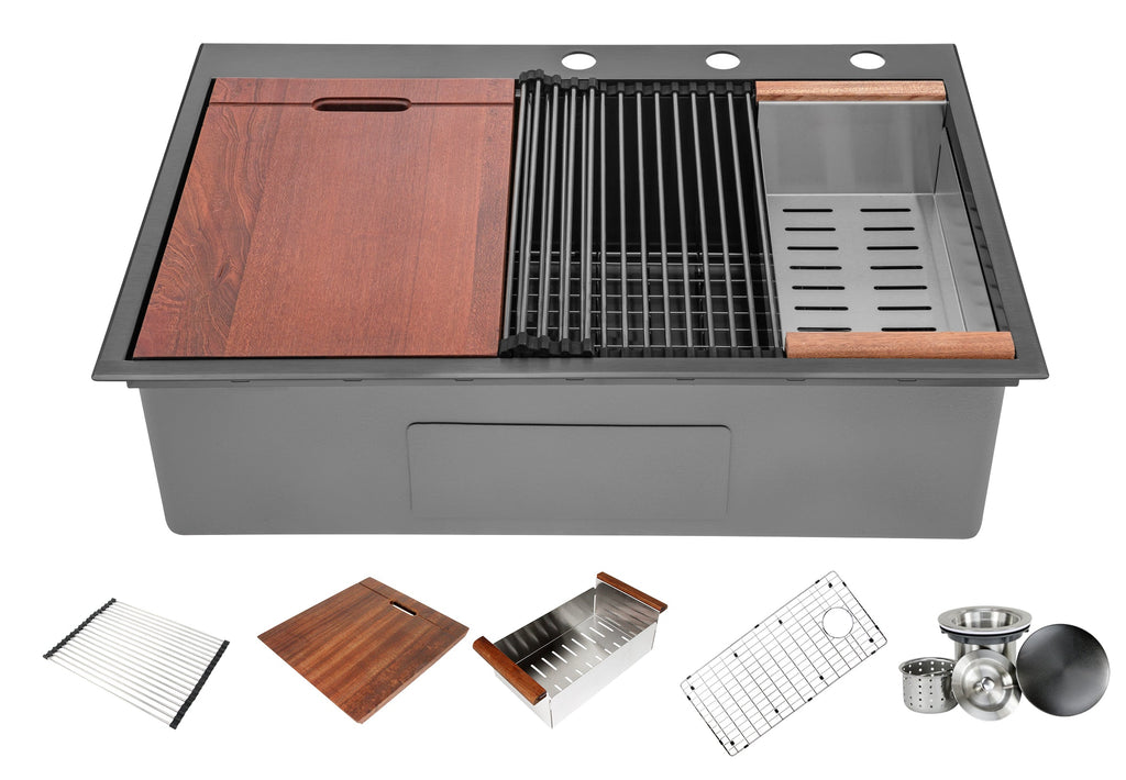 Workstation Topmount / Drop-in Nano Black 16 Gauge Stainless Steel Single Bowl Kitchen Sink Integrated Ledge 15mm Tight Radius w/ Premium Accessories