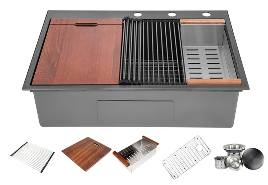 Workstation Topmount / Drop-in Nano Black 16 Gauge Stainless Steel Single Bowl Kitchen Sink Integrated Ledge 15mm Tight Radius w/ Premium Accessories