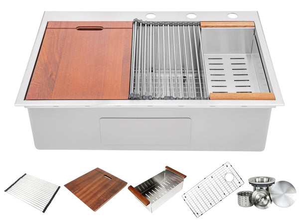 Workstation Topmount / Drop-in 16 Gauge Stainless Steel Single Bowl Kitchen Sink w/ Integrated Ledge, 15mm Tight Radius with Premium Accessories