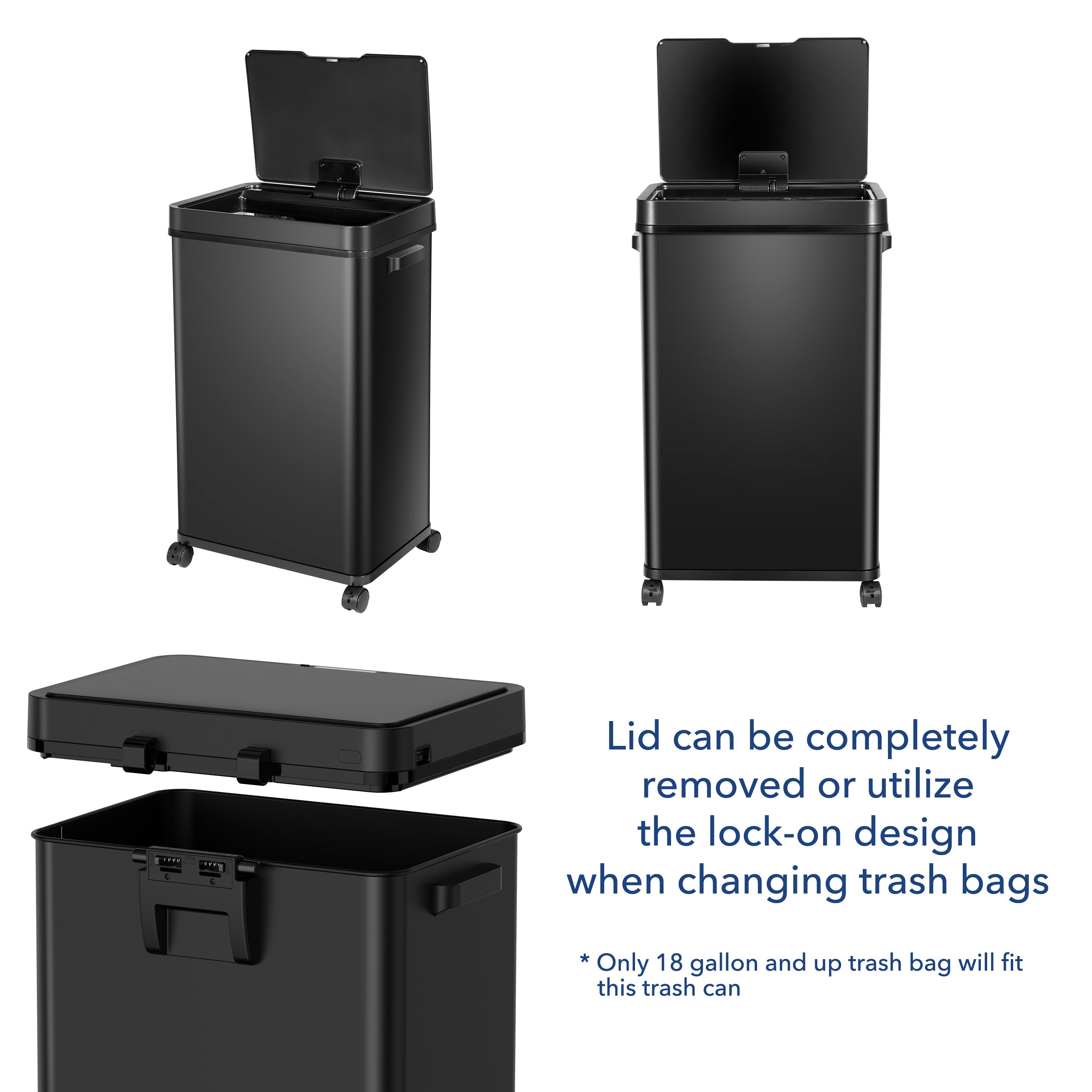 CozyBlock 18 Gallon Automatic Trash Can, Black Steel Touchless Motion Sensor Bin, Wide Opening Soft Close Lid, 68L, Large Capacity Slim Design