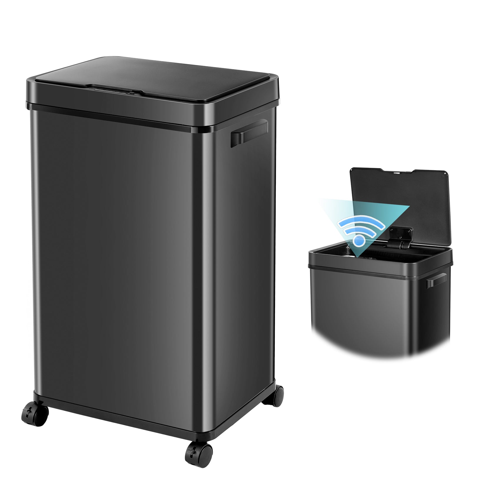 CozyBlock 18 Gallon Automatic Trash Can, Black Steel Touchless Motion Sensor Bin, Wide Opening Soft Close Lid, 68L, Large Capacity Slim Design