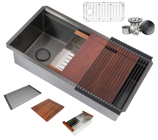 Workstation Undermount 16 Gauge Nano Black Stainless Steel Single Bowl Kitchen Sink w/ Integrated Ledge, 15mm Tight Radius with Premium Accessories