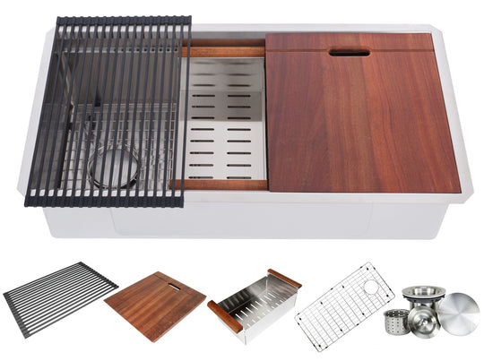 Workstation Undermount 16 Gauge Stainless Steel Single Bowl Kitchen Sink w/ Integrated Ledge, 15mm Tight Radius with Premium Accessories