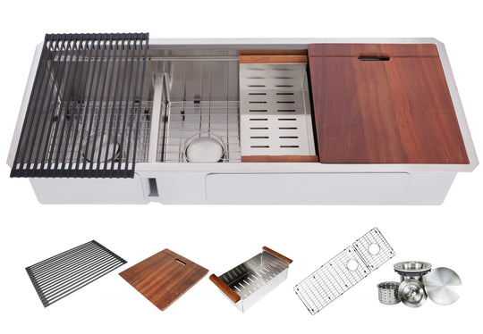 48 in. Workstation Undermount 16 Gauge Stainless Steel Double Bowl Kitchen Sink w/ Integrated Ledge, 15mm Tight Radius with Premium Accessories